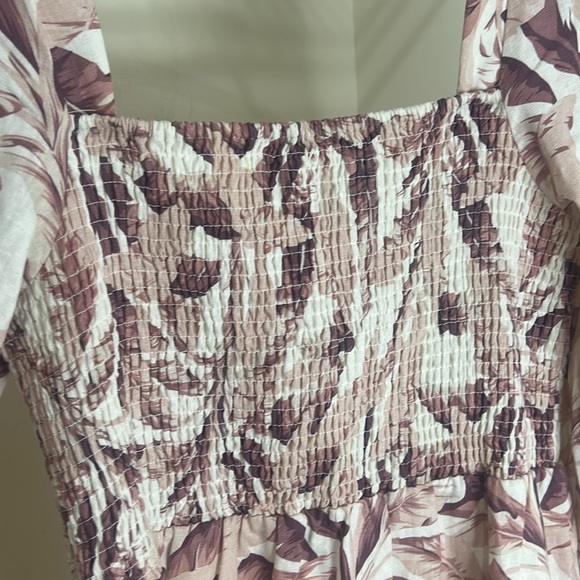 House of Harlow 1960 Linen Smocked Pink Palm Midi Dress Bishop Sleeve Medium - Picture 12 of 16